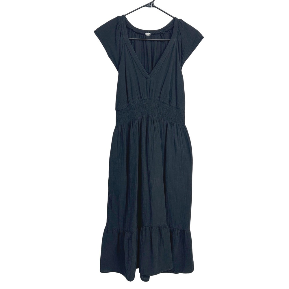 Cotton Gauze Maxi Dress Small Black Smocked Empire Pockets Cottagecore Boho